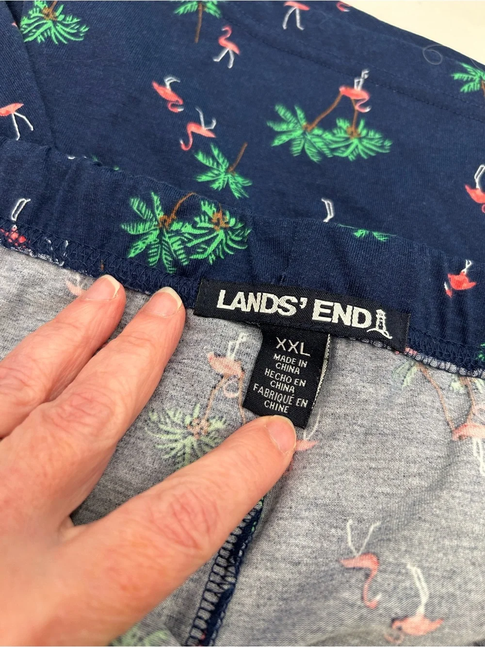 Lands' End Navy Flamingo Palm Print Lounge Shorts with Pink Bow